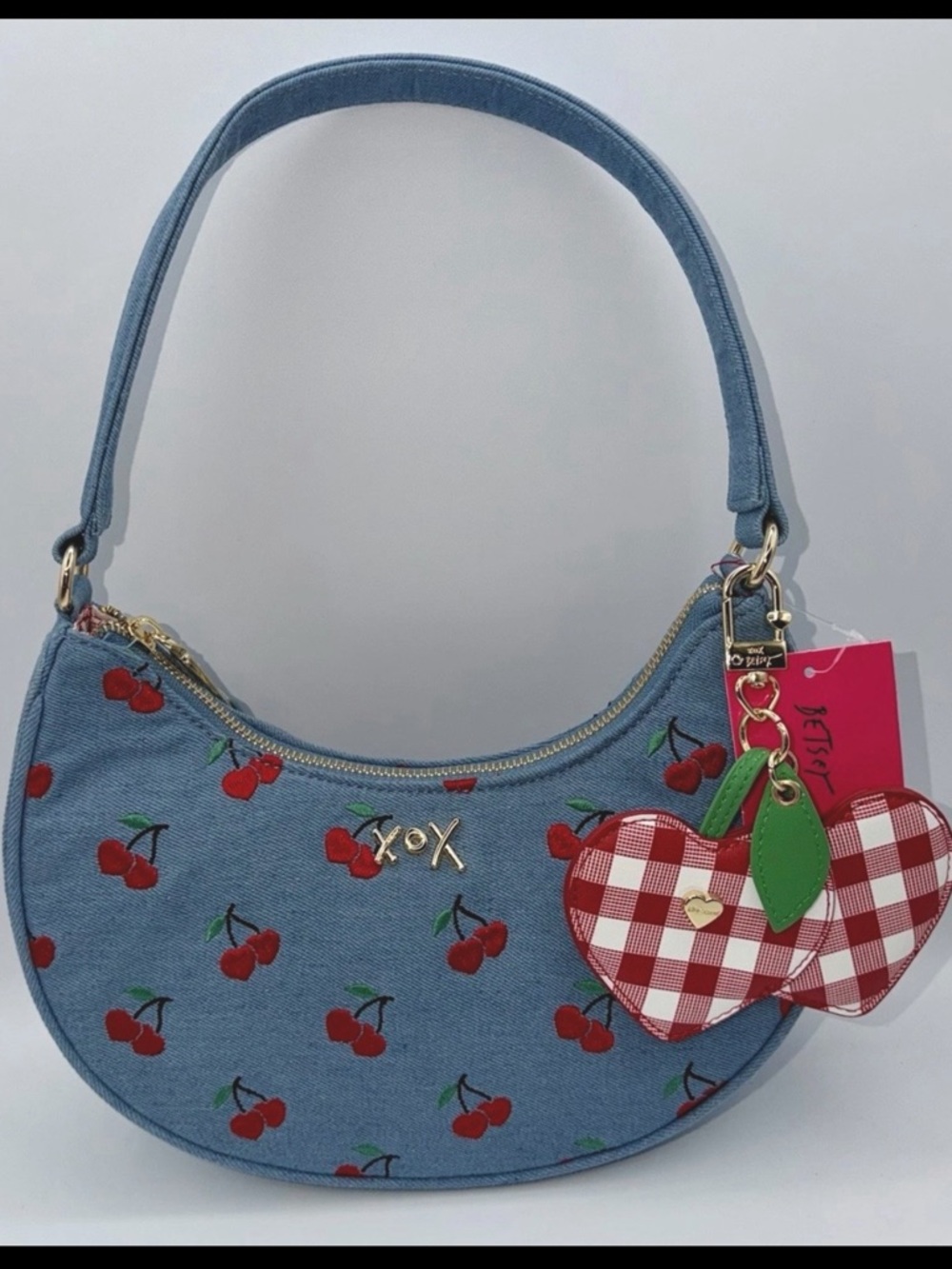 Betsey Johnson XONORTHY Embroidered Cherry Denim Crescent Shoulder Bag -NWT